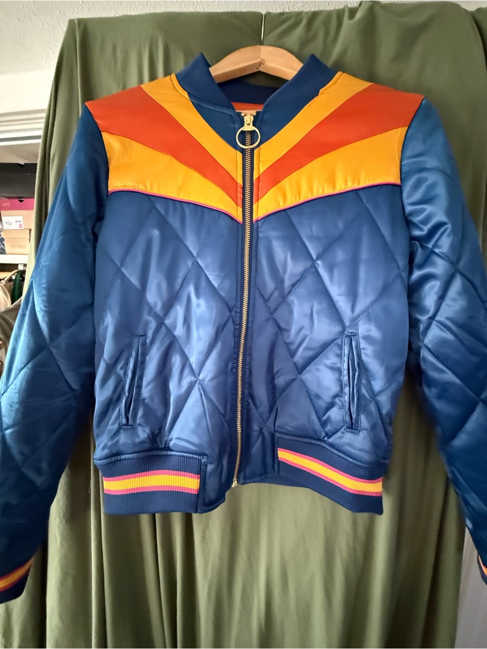 Classic Rock Couture Blue Quilted Bomber Jacket with Sunrise